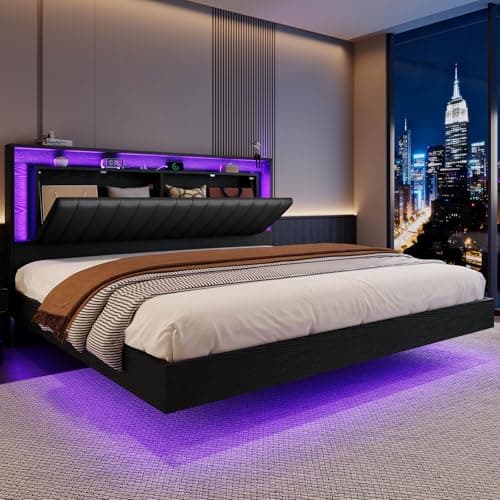 Belffin Floating Bed Frame King Size with LED Lights & Charging Station, Wooden Headboard with Hidden Storage and Faux Leather Backrest, Easy Cleaning, No Box Spring Needed, Noise-Free, Black - Image 1