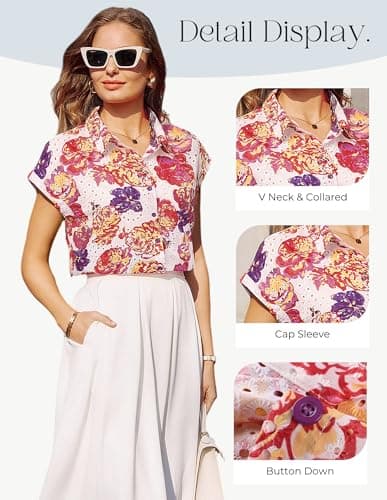 GRACE KARIN Floral Eyelet Spring Summer Tops for Women,2026 V Neck Dressy Casual Shirts,Boho Button Down Short Sleeve Blouses Red 2XL - Thumbnail 5