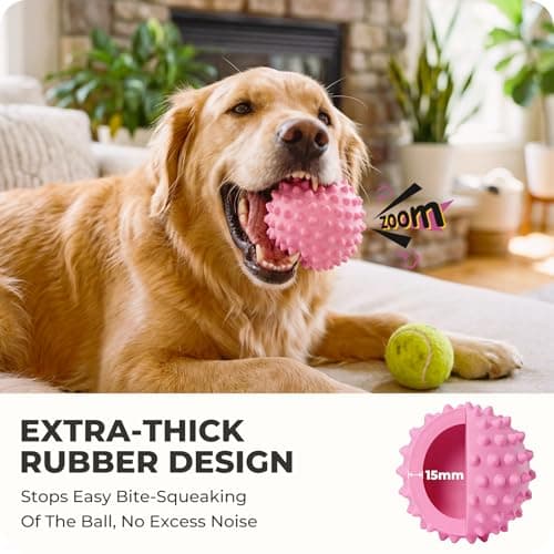 Apasiri Bacon-Flavored Squeaky Balls for Dogs: 3.5 Inch Durable Rubber Bouncy Dog Balls for Aggressive Chewers, Spiky Floating Dog Balls for Large & Medium Dogs, Dog Birthday Gift, Fetch Games, Pink - Thumbnail 6
