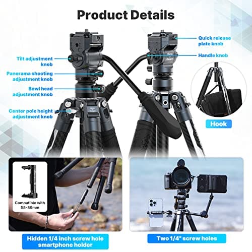 ULANZI F38 Video Travel Tripod, 61.4" Carbon Fiber Tripod w Quick Release Fluid Head, 2.38lbs Ultra Lightweight Portable Stable Professional Camera Photo Video Tripod, Load up to 22lbs, with Bag - Thumbnail 6