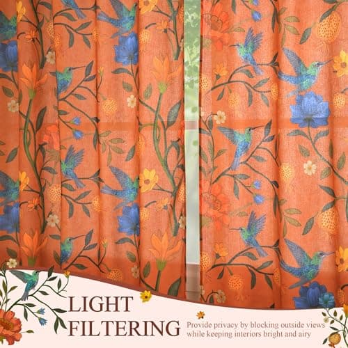 JOOJA Bird Floral Curtains 2 Panels 96 Inches Long Vintage Boho Patterned Terracotta Whimsical Living Room Colorful Linen Blend Printed Window Curtains for Bedroom Kitchen - Thumbnail 2