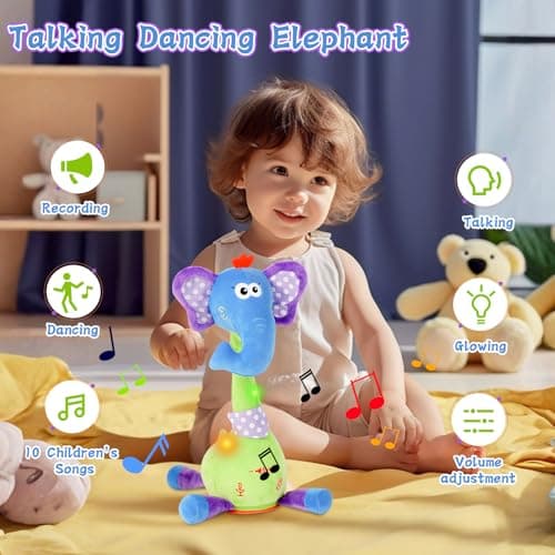LUKETURE Dancing Talking Elephant Plush, Interactive Stuffed Animal Toy, Musical Plush with Record & Repeat, Sings 10 Songs, LED Lights - Thumbnail 2