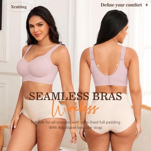 Xcutting Soft Sleep Wirefree Bras for Women Full Coverage No Underwire Wireless Bralette Comfortable Sports Bras for Sagging Breasts Padded Plus Size Bra (Pink,4X-Large) - Thumbnail 4