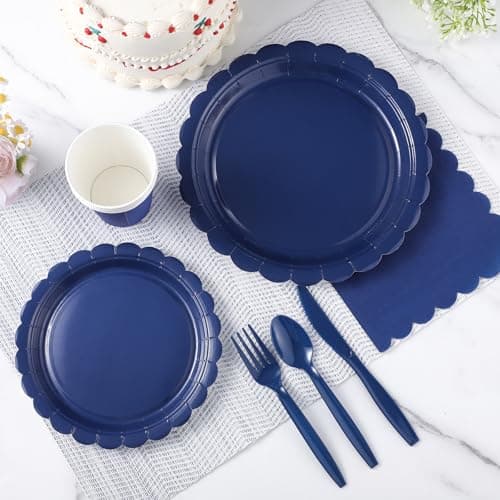 Xiangqu 175 Pcs Navy Blue Plates and Napkins, 25 Guest Navy Blue Party Supplies Inlcudes Scalloped Plates Napkins Cups Plastic Cutlery for Birthday, Wedding, Picnic - Thumbnail 4