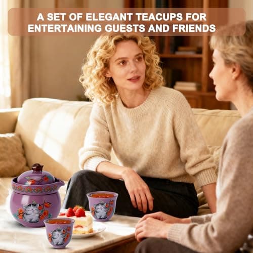Mini Tea Cups,Cute Lucky Cat Cups,Small Tea Mugs,Porcelain Gongfu Tea set with 3 in 1,Tea Sets for Adults,Ceramic Tea Infuser Cup for Loose Leaf for Women/Tea Lovers/Birthday/Valentine's Day (Purple) - Thumbnail 3