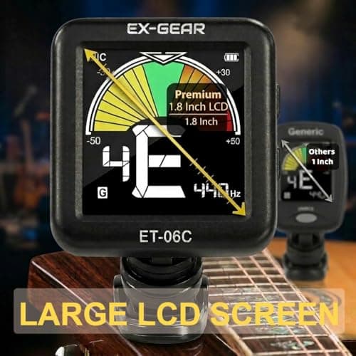 EX-GEAR Professional Guitar Tuner Clip On, Quick & Accurate Tuning with Large LCD Screen, 360° Rotatable Rechargeable Acoustic Guitar Electric Guitar Bass Ukulele & Chromatic Tuner - Thumbnail 2