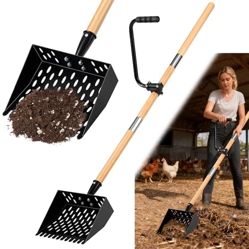 Chicken Poop Scooper for Sand, Extra Large Chicken Coop Scoop with 47" Handle & Assist Tool, 1.6mm Thick Heavy Duty Chicken Scooper for Poop, 2-in-1 Sifting Rake for Effortless Cleaning - Image 1