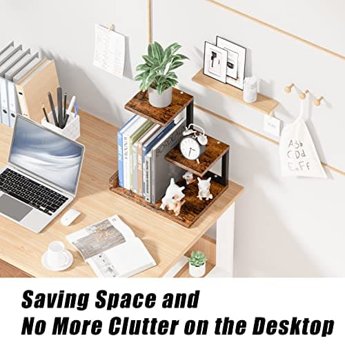 Gannyfer Desk Shelf Organizer - Wood Desktop Shelf, Freestanding Desk Hutch Office Decor, 3 Tier Storage Display Rack, Small Bookshelf with Metal Frame for Books/Plants/Toys (Rustic Brown Black) - Thumbnail 4