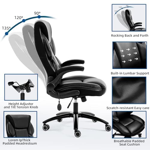 Fmolat Ergonomic Office Chair Gaming Chair Comfy - Breathable Leather Desk Chair with Lumbar Support & Back Support, Comfortable Computer Chair (Black) - Thumbnail 5