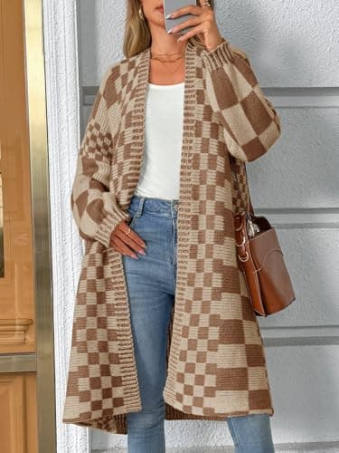 Saodimallsu Womens Checkered Long Cardigans Chunky Oversized Open Front Batwing Sleeve Color Block Knit Sweater Coats Dark Khaki - Thumbnail 4