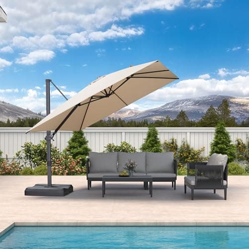 PURPLE LEAF 10' × 10' Patio Cantilever Umbrella Outdoor Square Adjustable Offset Umbrellas with 360-degree Rotation and 8 Heavy Duty Metal Ribs for Garden Deck Pool Beige - Image 1