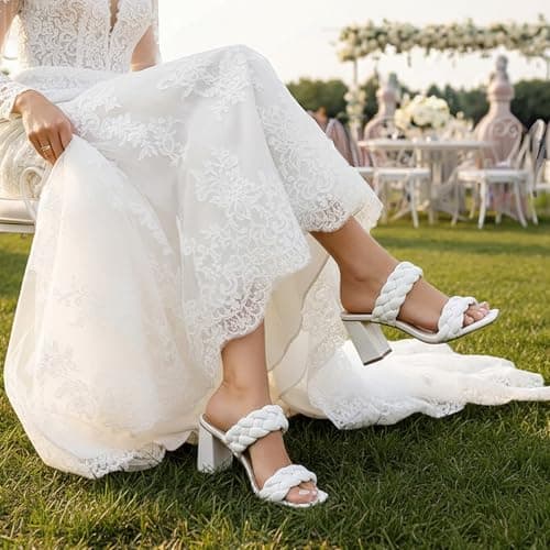 Athlefit White Braided Heeled Sandals for Women Fashion Square Open Toe Comfortable Slip on Block Heels Size 7 - Thumbnail 2