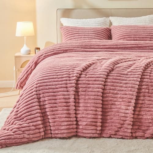 EMME Faux Fur Duvet Cover King Size, 3 Pieces Ultra Soft Fluffy Comforter Cover, Cozy Warm for Winter, Luxury Elegant Shaggy Striped Design Bedding, 1 Duvet Cover & 2 Pillow Shams (King, Old Pink)