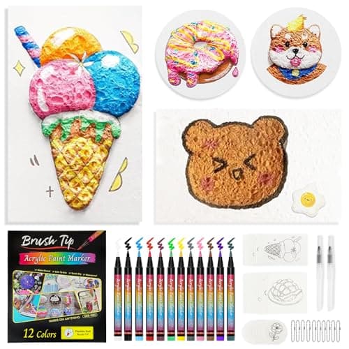 Kionlus 54 Pcs Magic 3D Foam Texture Painting Kit 30 Pcs 3D Foam Texture Paper 12 Colors Brush Tip Acrylic Paint Markers Magic Puffy Paint for Kids and Adults 3D Texture Painting Kit (White) - Image 1