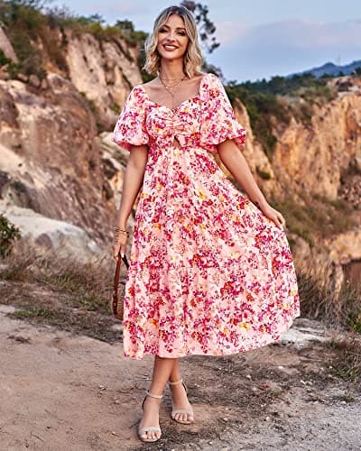 BTFBM Summer Dresses for Women 2026 Spring Outfits Beach Vacation Short Sleeve Smocked Boho Casual Floral Maxi Dress(Floral Pink Red, Medium) - Thumbnail 2