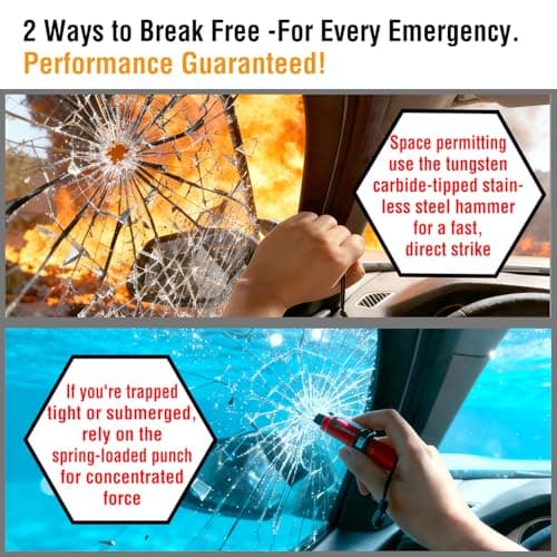 MonTelulu 4-in-1 Car Emergency Escape Tool, Spring-Loaded Window Breaker & Seatbelt Cutter with Tungsten Steel Hammerhead, Anti-Slip Luminous Design, with Practice Glass & Visor Clip (Red 1 Pack) - Thumbnail 6