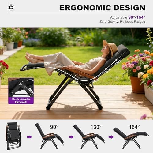 PURPLE LEAF Outdoor Reclining Chair Patio Zero Gravity Chaise Lounge Folding Chair with Removable Cushion Adjustable Headrest for Lawn Camping Beach Pool Black - Thumbnail 4