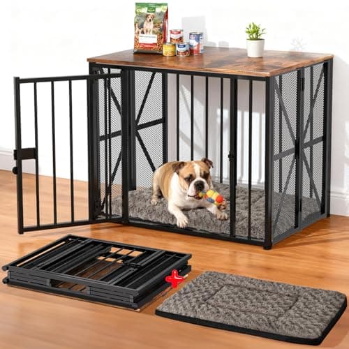 Dog Crate Furniture Foldable with Dog Bed Mat, 27" No Assembly Decorative Dog Kennel Indoor, Heavy Duty Small Collapsible Dog Crates for Small Dogs (Under 25 lb), Wooden Dog Cage - Image 1