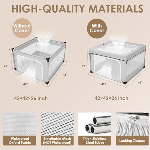 EHEYCIGA 42x42x26 Inches Puppy Playpen with Top Cover for Dogs & Cats Indoor or Outdoor - Dog Playpen with Door, Dog Fence for Small Animal with Heavy-Duty Oxford & Steel Frame, Sliver Grey - Thumbnail 3