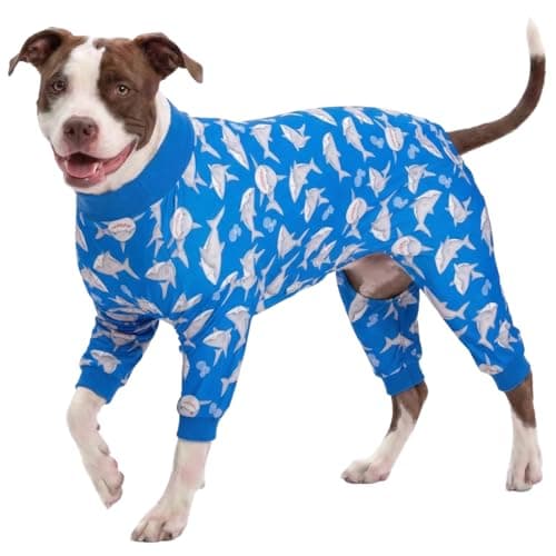 LovinPet Large Dog Pjs, UV Protection, Pet Anxiety Relief Onesies, Lightweight Stretchy, Blue Shark Print, Undershirt for Dog Sweaters and Coats, Large Breed Husky Pajamas, Pet PJ's/XXL - Image 1