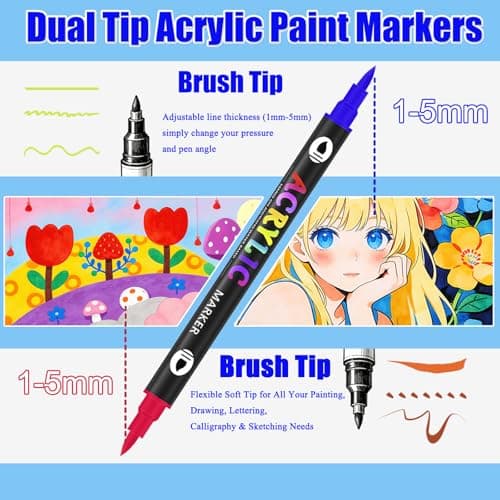 Daimanelton 120 Colors Acrylic Paint Markers, 60 Pack Dual Tip Acrylic Paint Pens, Soft Brush Tip Acrylic Paint Markers for Canvas Stone, Rock Painting, Paper, Glass, Wood, Egg - Thumbnail 2