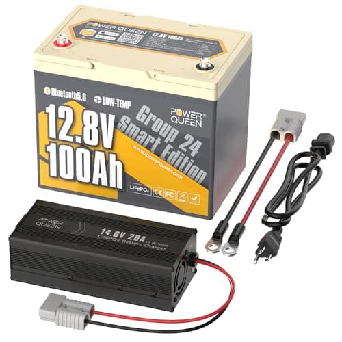 Power Queen Bluetooth 12V 100Ah LiFePO4 Battery with 14.6V20A LiFePO4 Battery Charger, Group 24 Deep Cycle Battery, 100A BMS with Low-Temp Cut-off Protection for RV, Trolling Motors, Solar System - Image 1
