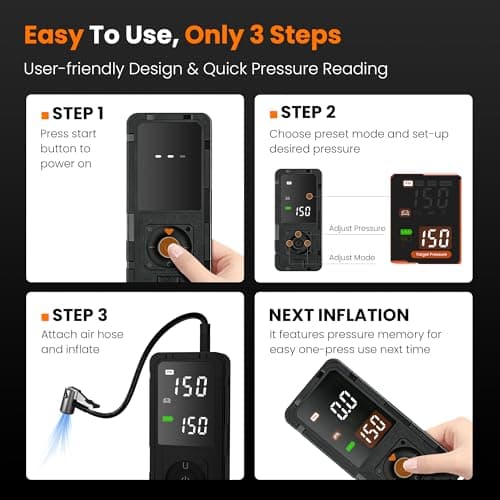 Achansfam P10 33s Fast Inflation Tire Inflator Portable Air Compressor with 20" Hose,150 PSI Cordless Air Pump with Dual Power Supply,Digital Gauge, Auto Shut-Off for Car, Truck, MPV, Bike, Ball - Thumbnail 5