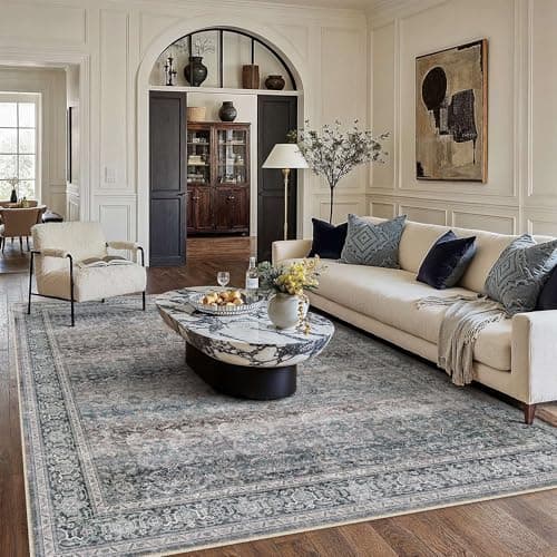 HUGEAR Washable Area Rug Vintage Neutral Living Room Bedroom Rug Large Soft Non Slip Distressed Low Pile Carpet - Image 1
