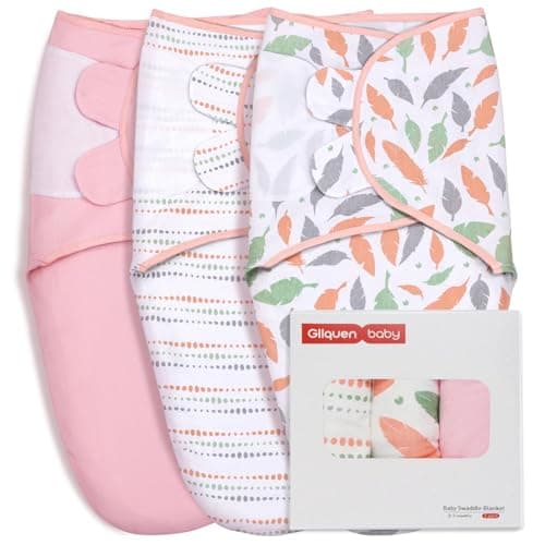 GLLQUEN BABY Swaddle Blankets for Baby Girls, Orange Pink Feather & Wave Point, 3 Pack Wrap Set, Newborn Adjustable Swaddles Sleep Sack, 0-3 Months (Small/Medium) - Image 1