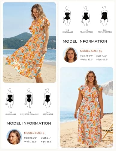GRACE KARIN 2026 Summer Wedding Guest Dresses for Women Ruffle Sleeve Boho Midi Dress Smocked Flowy Floral Dress with Pocket Orange Blue M - Thumbnail 6