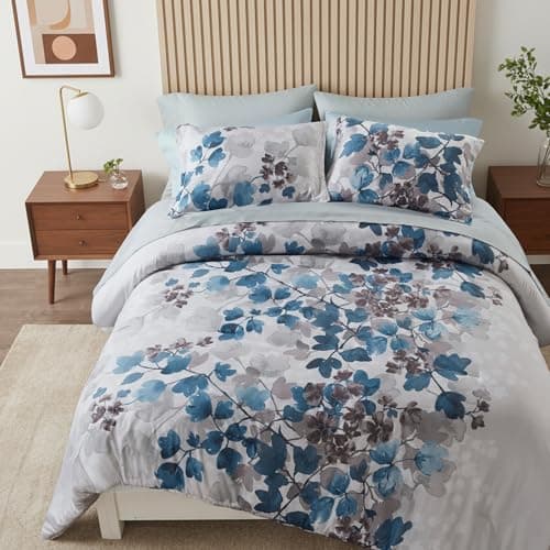 Regency Heights Full Comforter Set Blue Bed Set, 9 Pieces Cute Floral Bedding Set Ultra Soft Botanical Flowers Comforter, Sheets, Pillowcases & Shams