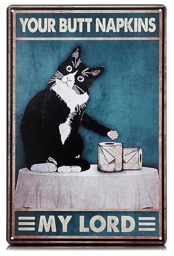 Funny Cat Bathroom Sign – “Your Napkin My Lord” 12 x 8 inch Tin Sign, Rustic Black Cat Wall Decor for Home, Farmhouse Bathroom Metal Plaque, Vintage Cat Wall Art for Toilet or Guest Bath - Image 1