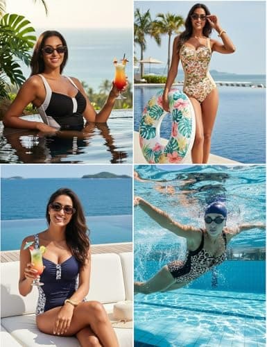 Hanna Nikole V Neck Shapewear Bathing Suit for Women Modest Lace Up Swimsuits for Woman 2026 Black White XX-Large - Thumbnail 5