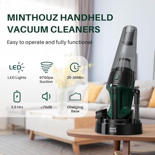 Minthouz Handheld Vacuum Cordless, Strong Suction Car Vacuum Cleaner with LED Light, Long Runtime Hand Vacuum Cordless Rechargeable, Hand Held Vac with Charging Base for Home/Car/Pet/Office - Thumbnail 2