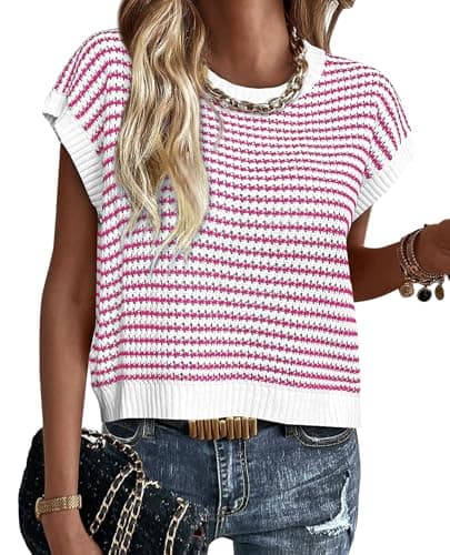 PRETTYGARDEN Short Sleeve Sweater for Women 2026 Summer Outfits Striped Pullover Cap Sleeve Knit Sweaters Vest Tops Trendy(Rose Red,XX-Large) - Image 1
