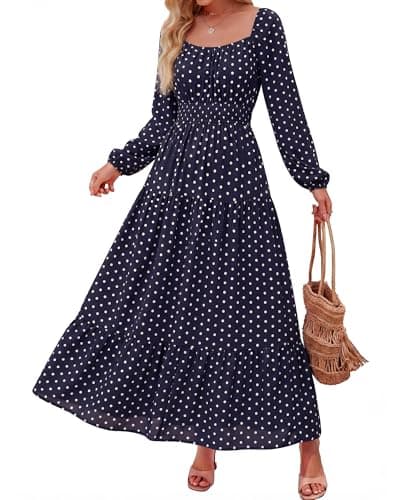 BTFBM Long Sleeve Dress for Women 2026 Spring Fall Boho Floral Square Neck Casual Flowy Long Wedding Guest Maxi Dresses(Polka Dot Blue White, Medium) - Image 1