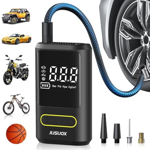 JUSUOX Tire Inflator Portable Air Compressor, Electric Bike Pump with Digital Pressure Gauge, 150 PSI Cordless Air Pump for Car Tires, Motorcycle, Bicycle, Ball with Auto Shutoff, LED Light - Image 1