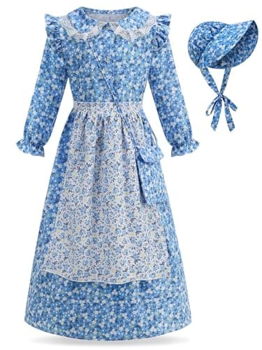 EARJIA Girls Floral Prairie Pioneer Dress Victorian Colonial Costume for Kids Blue Fancy Outfit for World Book Day Carnival - Image 1