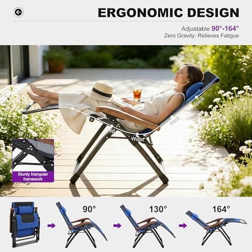 PURPLE LEAF Extra Wide Outdoor Reclining Chair Set of 2 Patio Zero Gravity Chaise Lounge Folding Chair with Quilted Cushion Adjustable Headrest for Lawn Camping Beach Pool Navy Blue and Black - Thumbnail 4