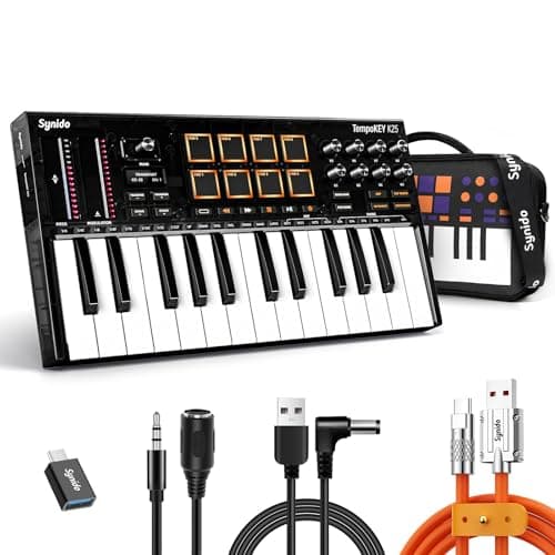 Synido 25 Key USB MIDI Keyboard Controller with 8 Drum Pads, Professional Mini Midi Keyboard with OLED Screen, Beat Maker Machine for Music Production, Black, TempoKey K25 - Image 1