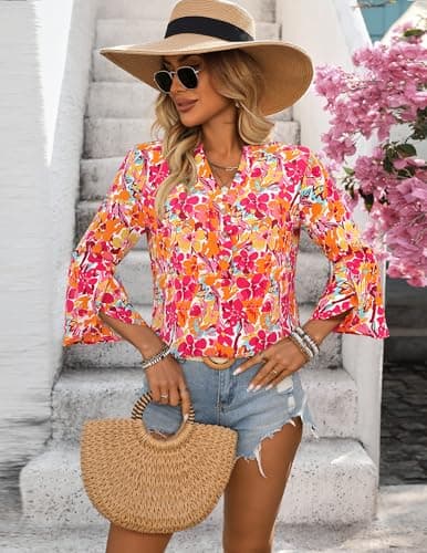 LOOKBOHO Blouses for Women Dressy Casual 3/4 Length Sleeve Boho Tops Button V-Neck Peplum Floral Shirts Red XL - Thumbnail 5