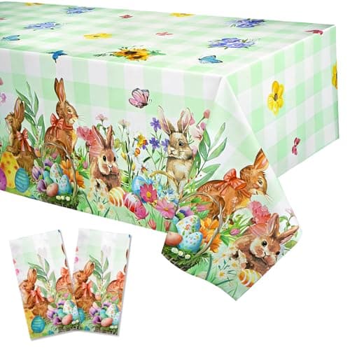 Accevo Easter Tablecloth 54 x 108 Inch Rectangle,2 Pack Easter Decorations, Disposable Plastic,Easter Bunny Table Cloth for Dining Room Spring Oblong Tablecloth Indoor Decor Party - Image 1