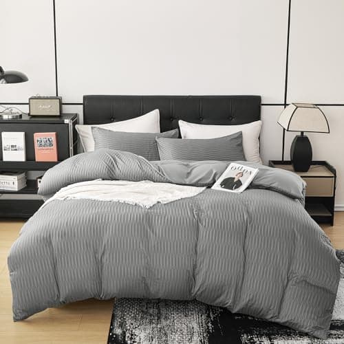 DCSKY Grey Duvet Cover Queen Size, 3pcs Washed Microfiber Bedding Set, Soft Breathable Rippled Duvet Cover Set with Zipper Closure for All Seasons - Image 1