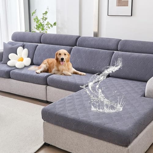 Genina 100% Waterproof Couch Cushion Covers for Pets - Stretch Sofa Seat Cover for Dogs Jacquard Non Slip Sectional Couch Covers Sofa Slipcovers Washable (3 Pieces, Dark Gray) - Image 1