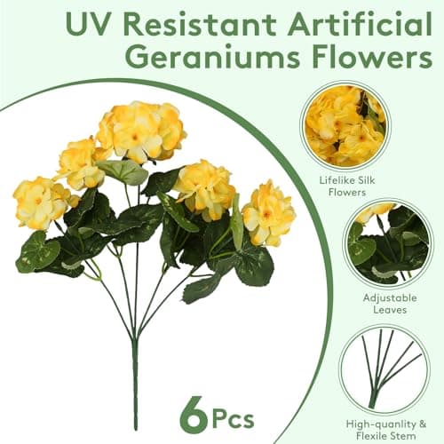 FULLMUSIC Artificial Flowers for Outdoor, UV Resistant Realistic Geranium Fake Flowers-Faux Flowers for Outdoor planters, Garden, Porch, Patio, Window Box Home Decor All Year Round (6, Yellow) - Thumbnail 5