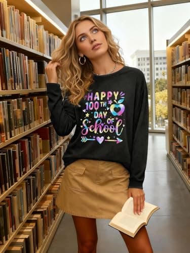 100 Days of School Shirt Teacher Happy 100th Day of School Long Sleeve Teacher Shirts for Women School Days Gifts Tee Tops Black - Thumbnail 4