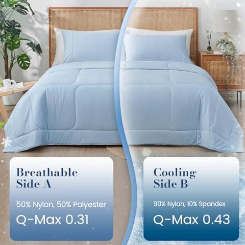 Amélie Home Cooling Comforter Twin Size, Dual-Sided Lightweight Cooling Blanket for Hot Sleepers, Q-Max 0.43 Breathable Cooling Quilt for Night Sweats, 68" x 90", Heather Ice Blue - Thumbnail 3