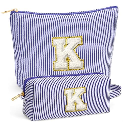 Fohufo Travel Toiletry Bag Set for Women - Travel Essentials, Initial Travel Makeup Bag Organizer Small Cosmetic Bag for Purse Blue Stuff Gifts for Women Mom Girlfriend Teacher, Blue Letter K