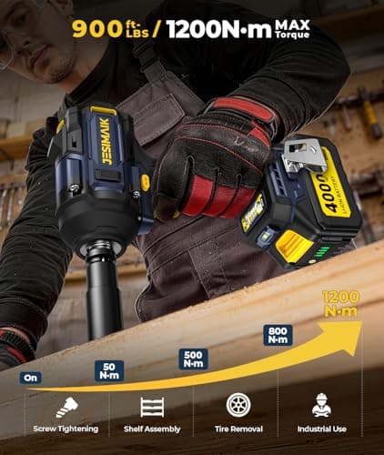 Cordless Impact Wrench 900 Ft-lbs (1200N.m), 1/2“ High Torque Impact Gun, Electric Impact Wrench with 2×4.0Ah Batteries & Fast Charger, 4 Variable Speeds, 5 Sockets & Case for Car, Truck, Mower - Thumbnail 2