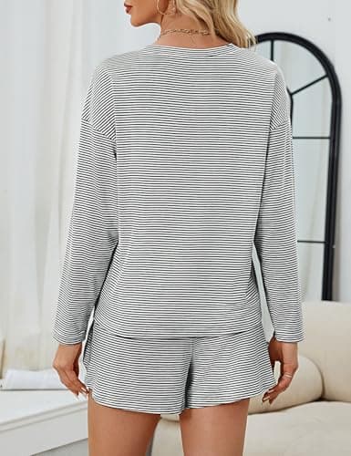JUSTFASHIONNOW Long Sleeve Pajamas for Women Striped Two Piece Lounge Set Travel Outfits Loungewear Sweatsuit Split Short Sets Soft Outfits Casual Crew Neck Sleepwear Pjs (Grey Black, Medium) - Thumbnail 5